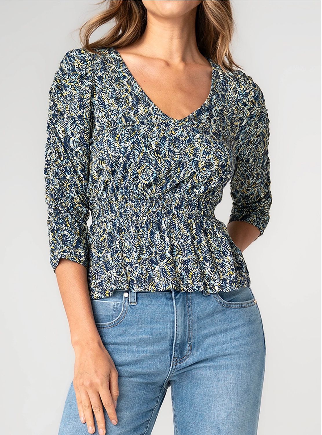 LIVERPOOL | WOMENS NAVY/GOLD PRINT 3/4 SLEEVE TOP