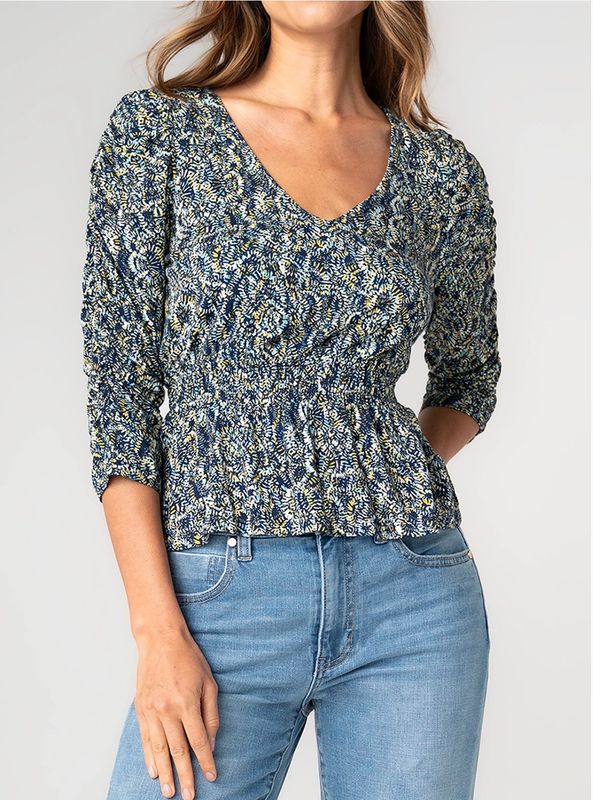 LIVERPOOL | WOMENS NAVY/GOLD PRINT 3/4 SLEEVE TOP