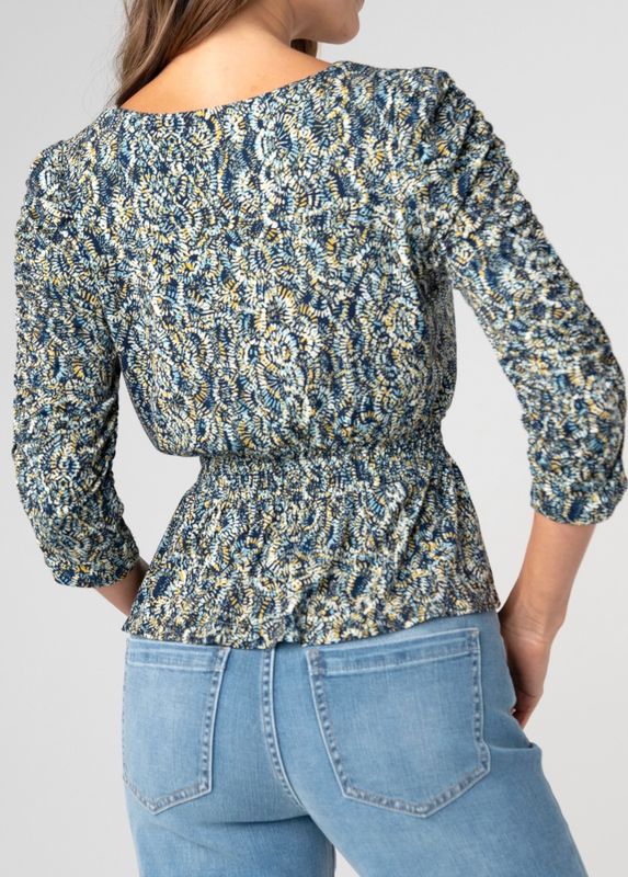 LIVERPOOL | WOMENS NAVY/GOLD PRINT 3/4 SLEEVE TOP