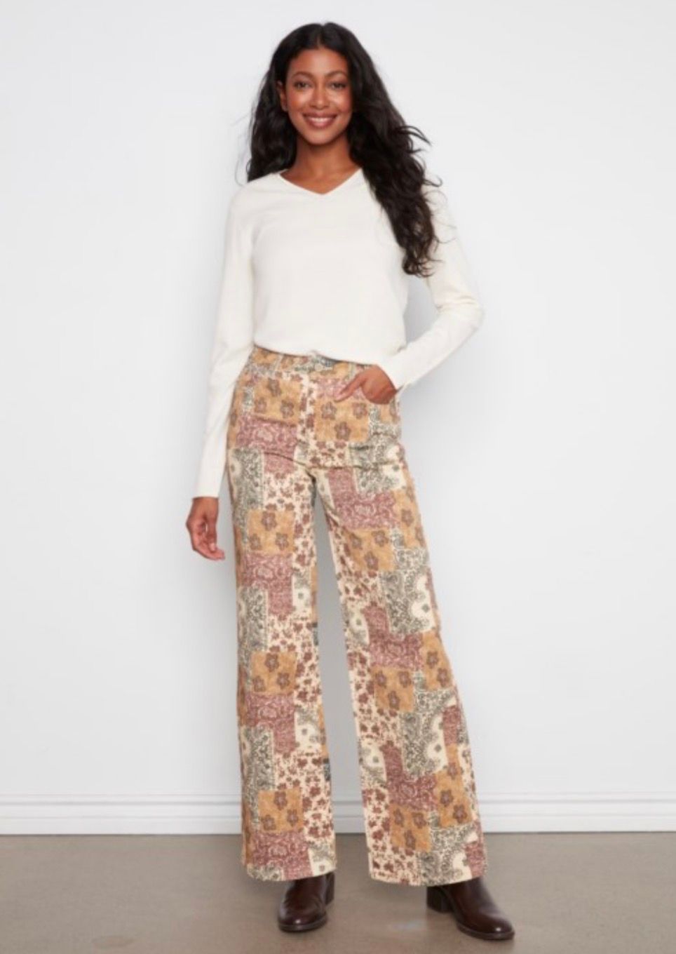 CHARLIE B | WOMENS QUILT PRINT WIDE LEG TWILL PANT