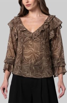 LIVERPOOL | WOMENS DOUBLE RUFFLE LONG SLEEVE ESPRESSO W/TAN LEAVES 