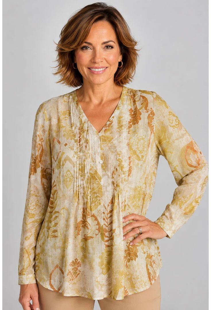 ETHYL | WOMENS  LONG SLEEVE GOLD/BEIGE MULTI PLEAT FRONT TOP
