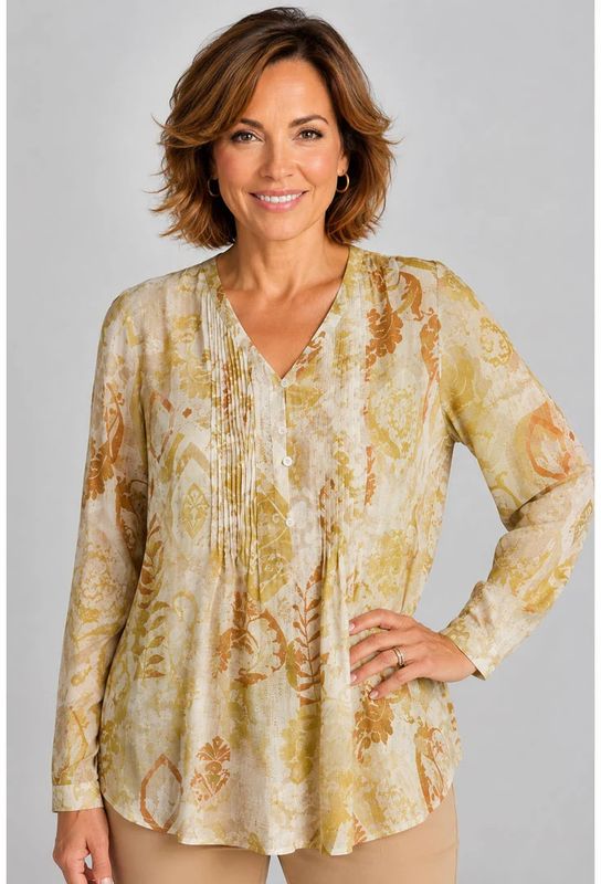 ETHYL | WOMENS  LONG SLEEVE GOLD/BEIGE MULTI PLEAT FRONT TOP
