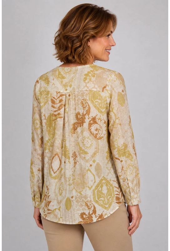 ETHYL | WOMENS  LONG SLEEVE GOLD/BEIGE MULTI PLEAT FRONT TOP