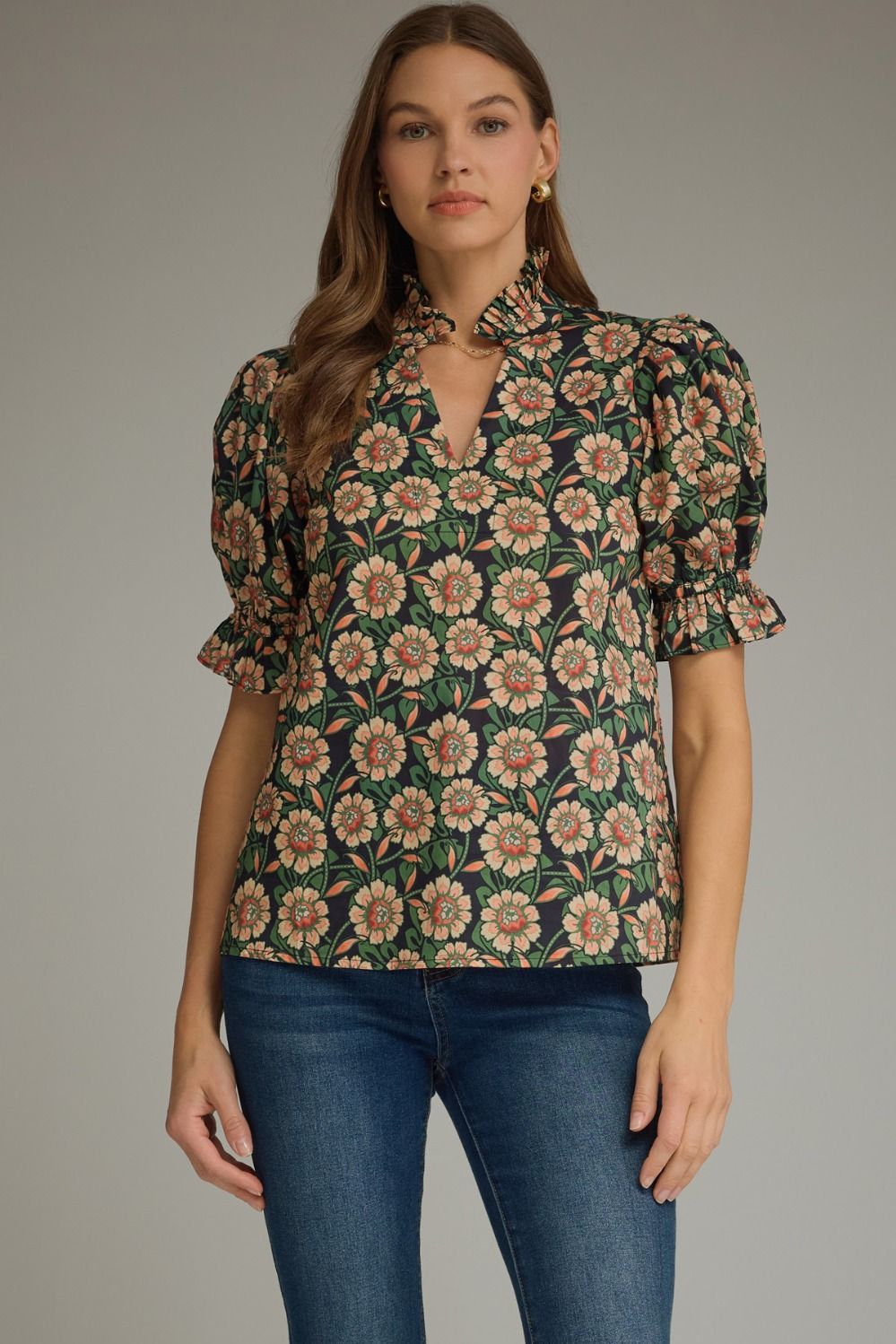 ENTRO | WOMENS BLK/GRN PRNT SHORT PUFF SLEEVE TOP