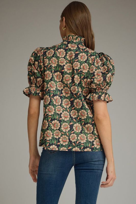 ENTRO | WOMENS BLK/GRN PRNT SHORT PUFF SLEEVE TOP