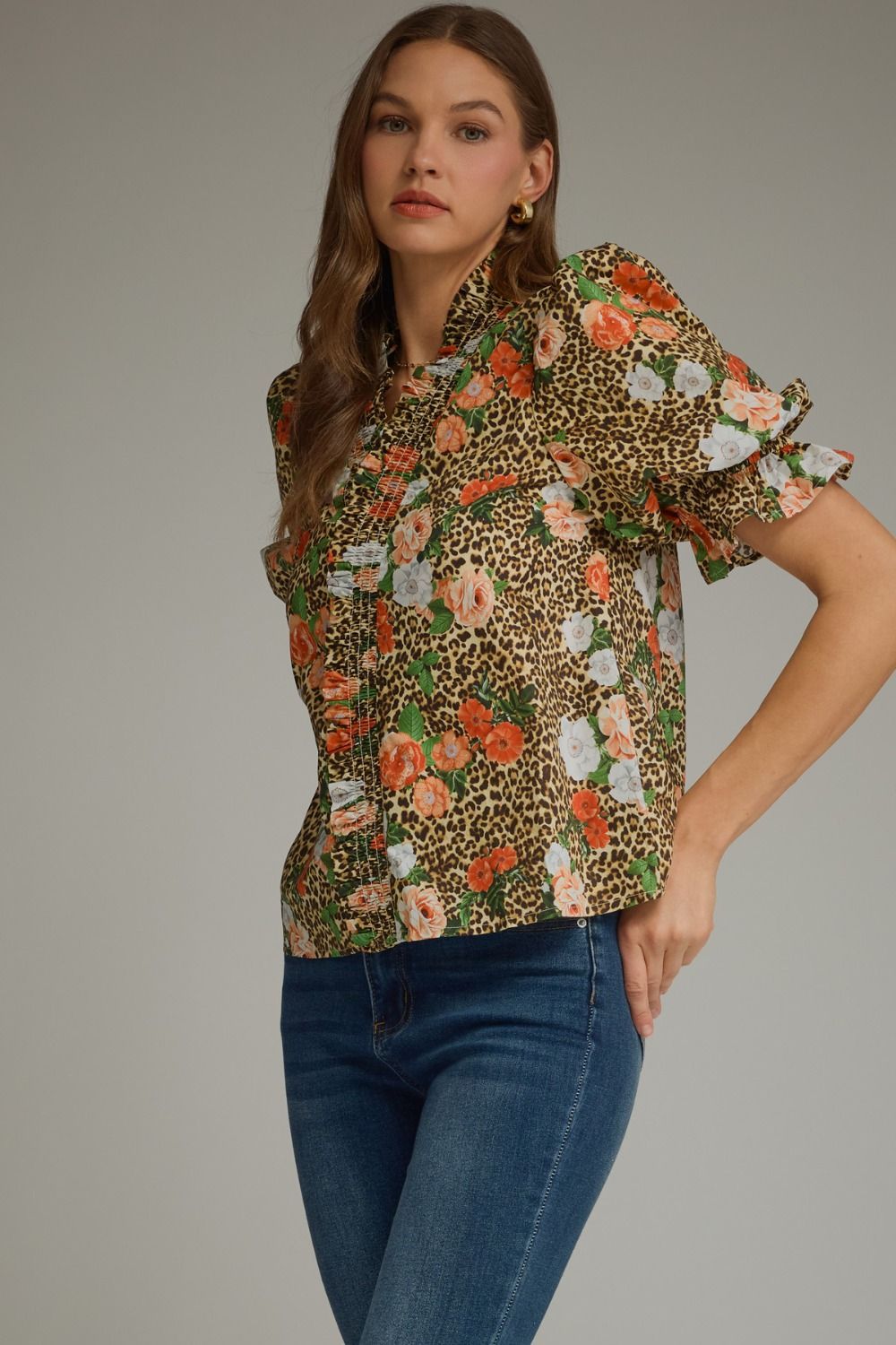 ENTRO | WOMENS LEOPARD/FLORAL PRNT SHORT PUFF SLEEVE TOP