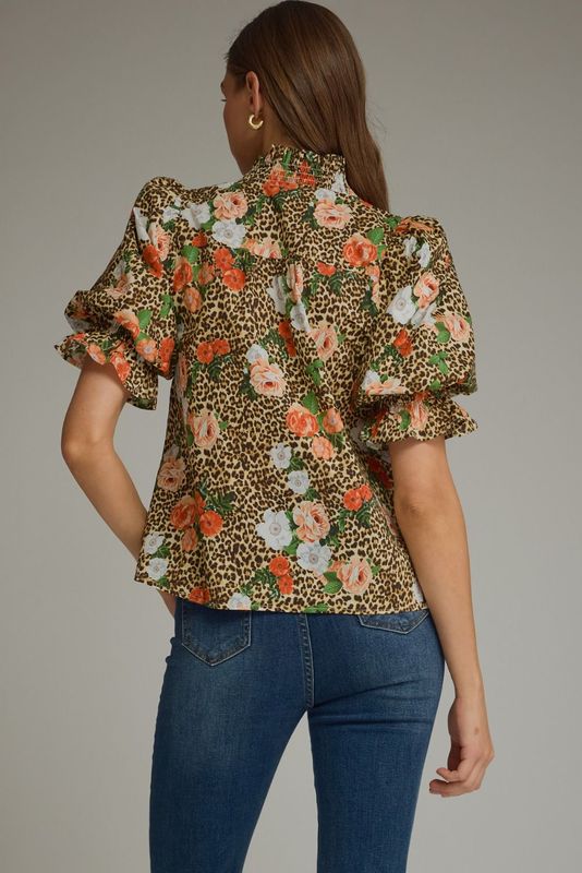 ENTRO | WOMENS LEOPARD/FLORAL PRNT SHORT PUFF SLEEVE TOP