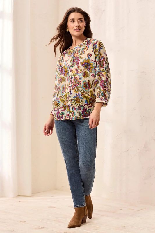 TRIBAL | WOMENS GOLD FLORAL PRNT DOLMAN SLEEVE BLOUSE