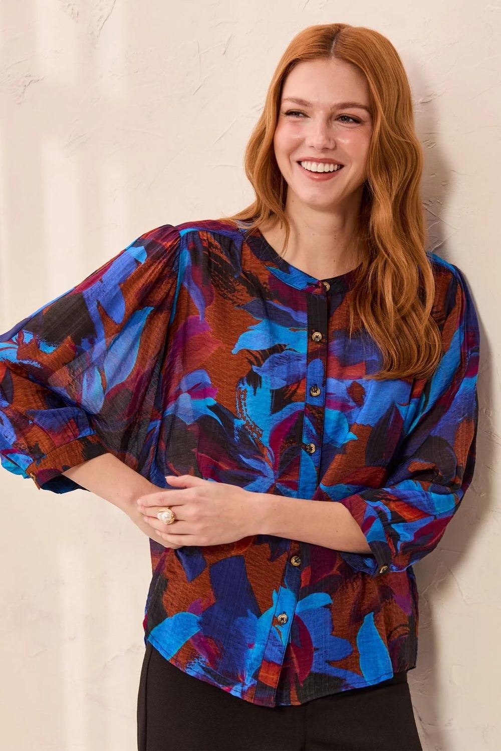 TRIBAL | WOMENS BRIGHT BLUE PRINT DOLMAN SLEEVE BLOUSE