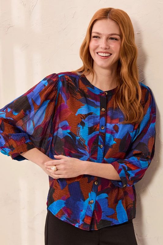 TRIBAL | WOMENS BRIGHT BLUE PRINT DOLMAN SLEEVE BLOUSE