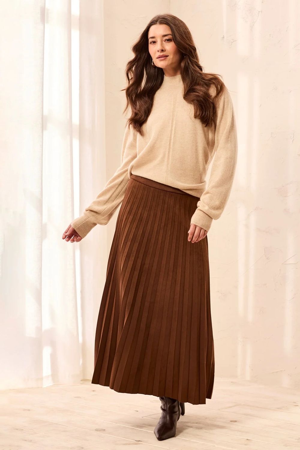 TRIBAL | WOMENS HICKORY BRN FAUX SUEDE PLEATED MAXI SKIRT