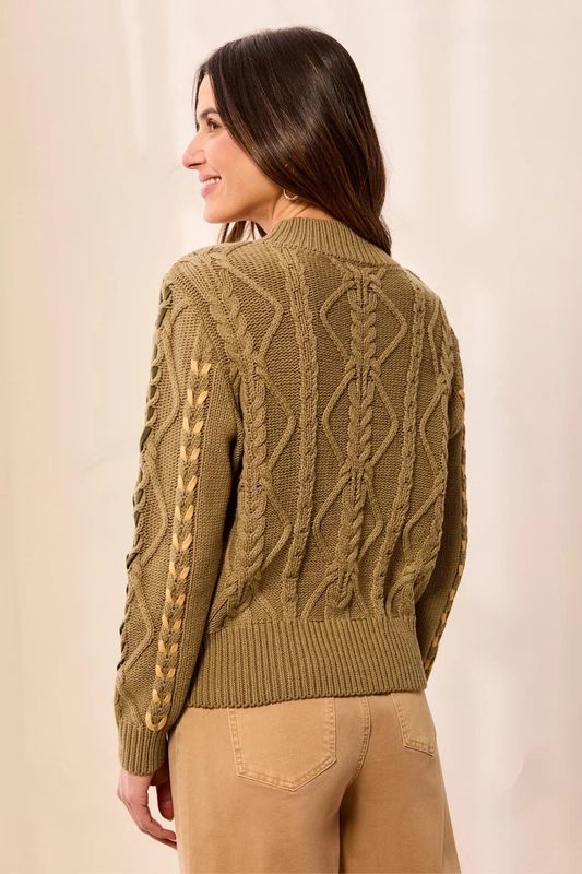 TRIBAL | WOMENS  ALOE CABLE KNIT SWEATER W/CONTRAST LACING