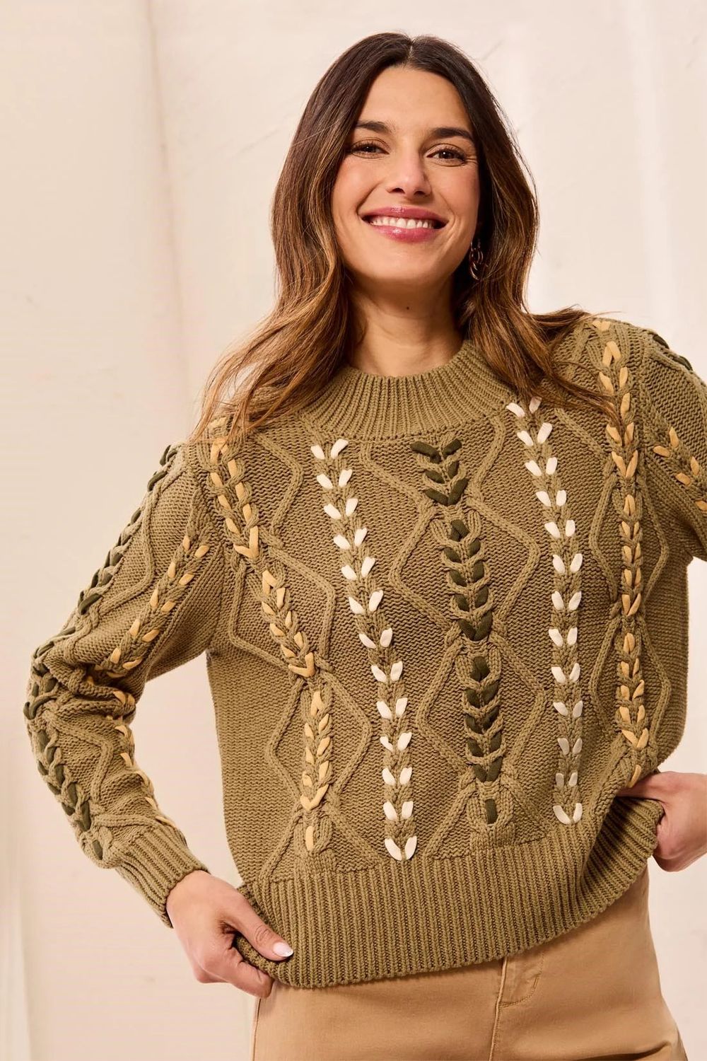 TRIBAL | WOMENS  ALOE CABLE KNIT SWEATER W/CONTRAST LACING