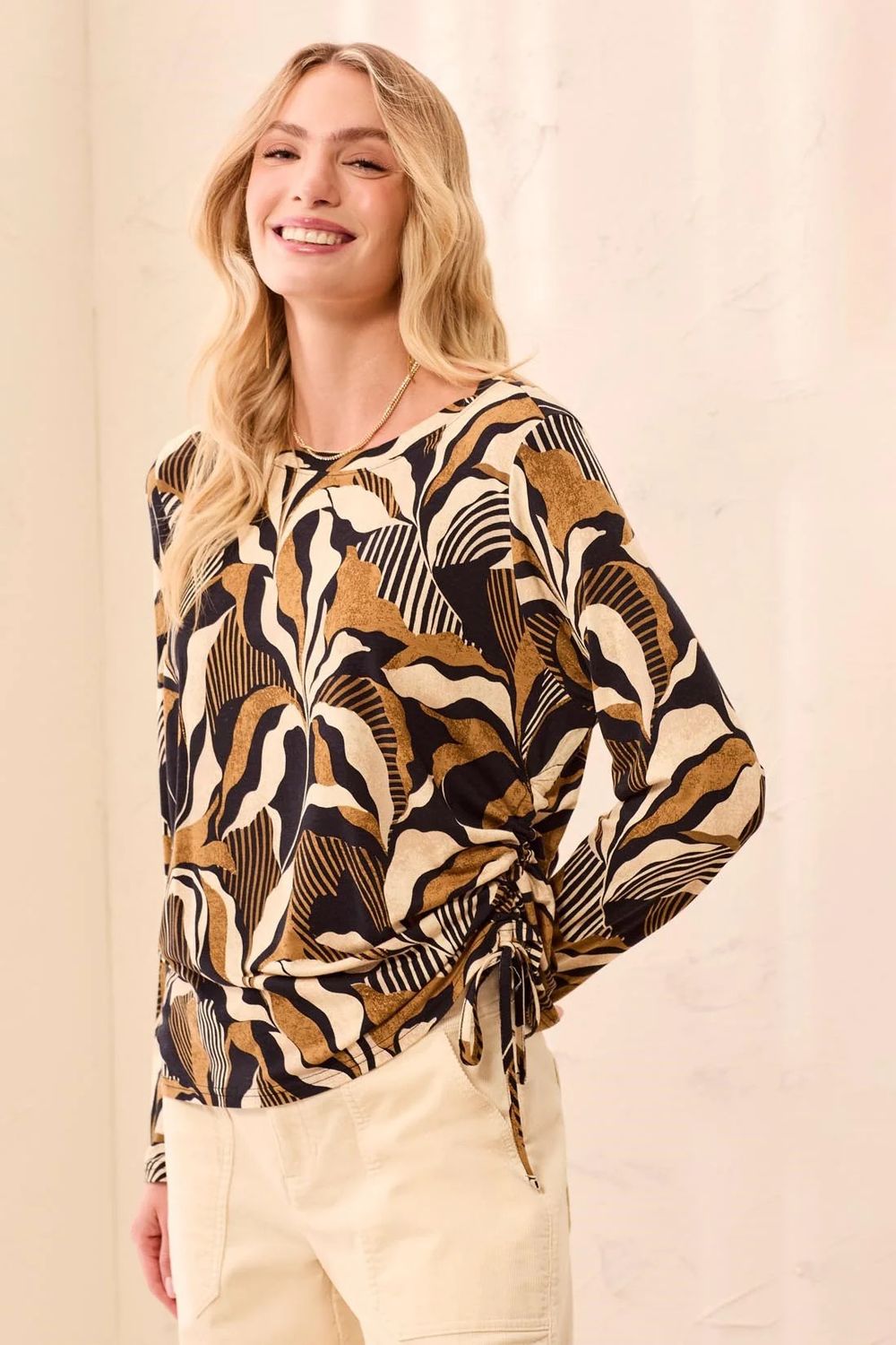 TRIBAL | WOMENS BLK/TAN KNIT CREW W/SIDE RUCHING