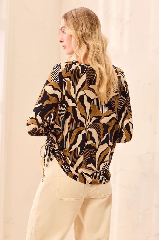 TRIBAL | WOMENS BLK/TAN KNIT CREW W/SIDE RUCHING