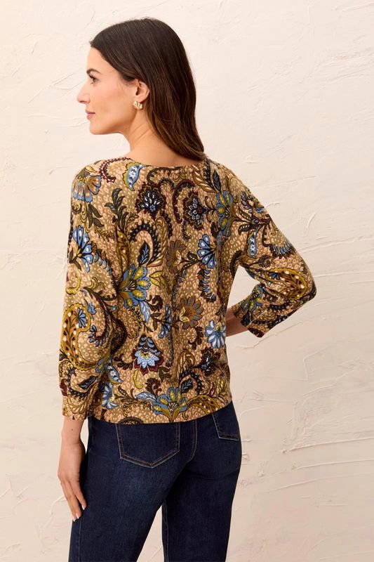 TRIBAL | WOMENS 3/4 SLEEVE ALOE/BLUE PRNT  SOFT KNIT TOP