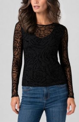 LIVERPOOL | WOMENS BLK LACE LAYERED TEE