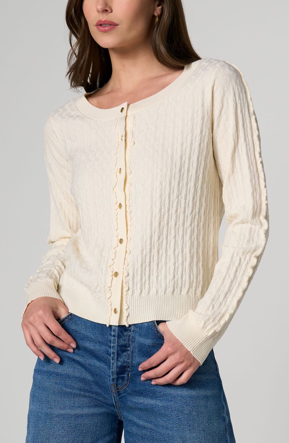 LIVERPOOL | WOMENS CREAM TEXTURED CARDIGAN W/RUFFLES