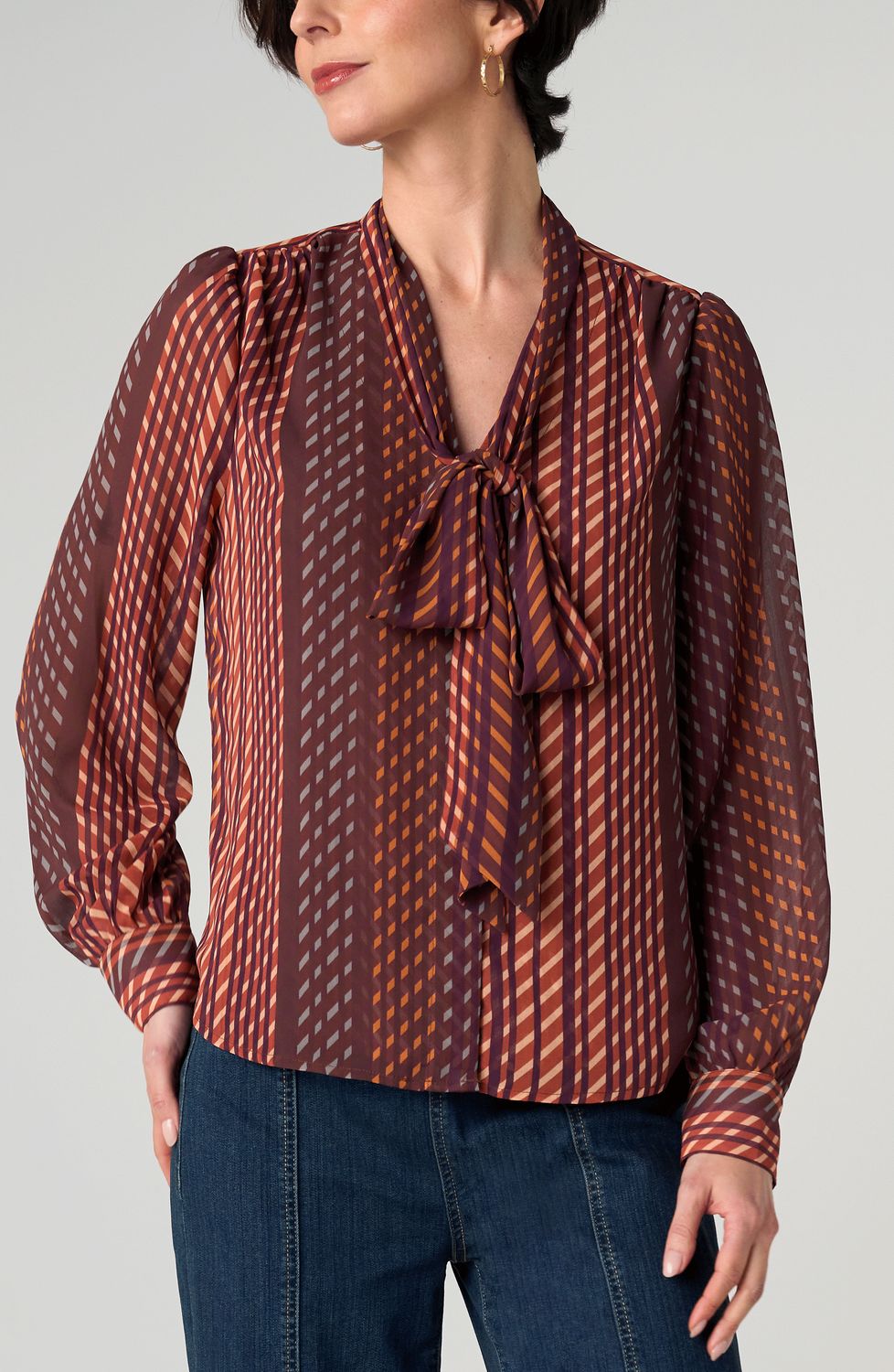 LIVERPOOL | WOMENS BURGUNDY/RUST MIX LONG SLEEVE BLOUSE W/NK TIE