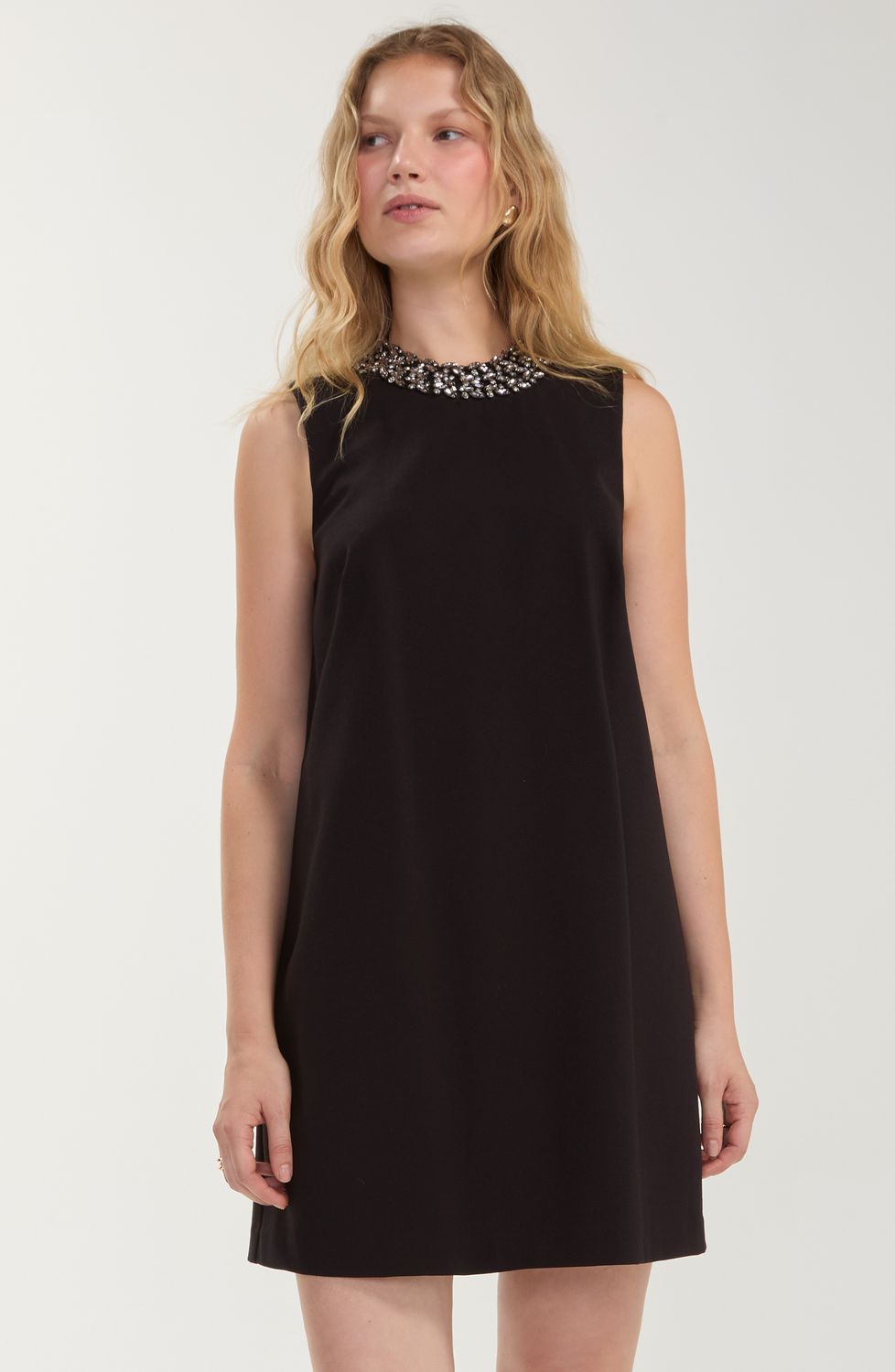 LIVERPOOL | WOMENS BLACK SLEEVELESS DRESS W/JEWELED NK