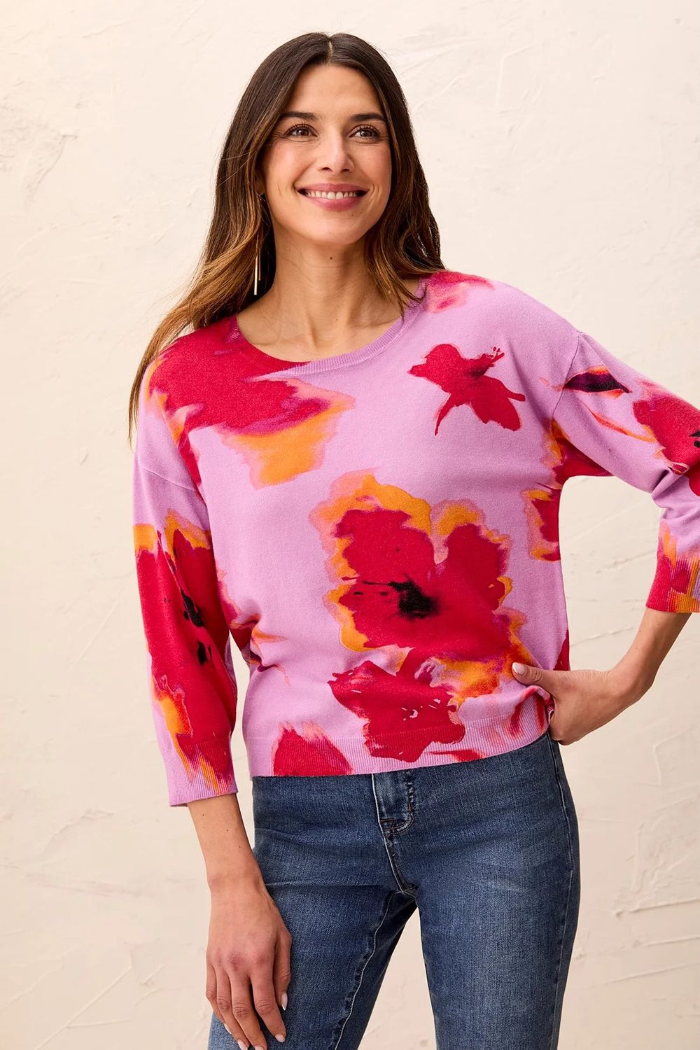 TRIBAL | WOMENS PINK/RED BOLD FLORAL 3/4 SLV SWEATER