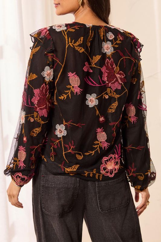 TRIBAL| WOMENS LINED BLK SHEER W/BURG EMBROIDERY BLOUSE