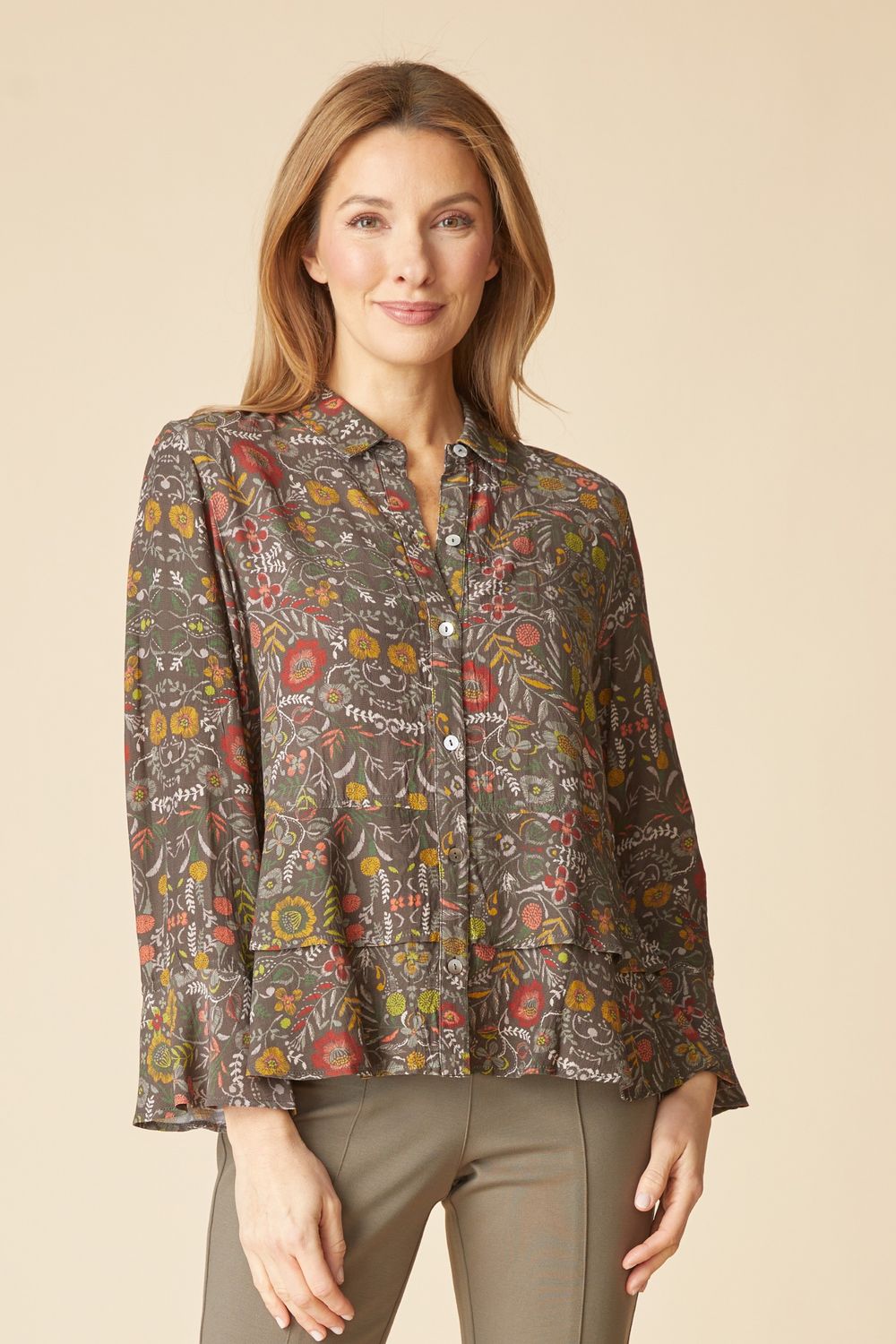 HABITAT | WOMENS RAYON CREPE GARDEN FLOUNCE SHIRT