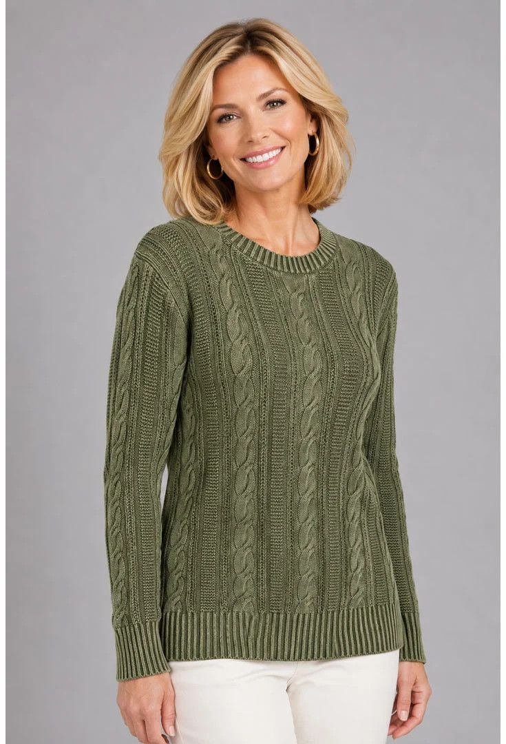 ETHYL | WOMENS OLIVE WASHED COTTON CABLE SWEATER