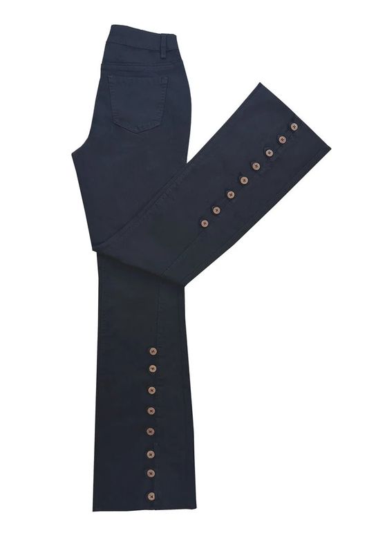 ETHYL | WOMENS BLACK DENIM FLARE JEAN W/ BUTTON LEG DETAIL