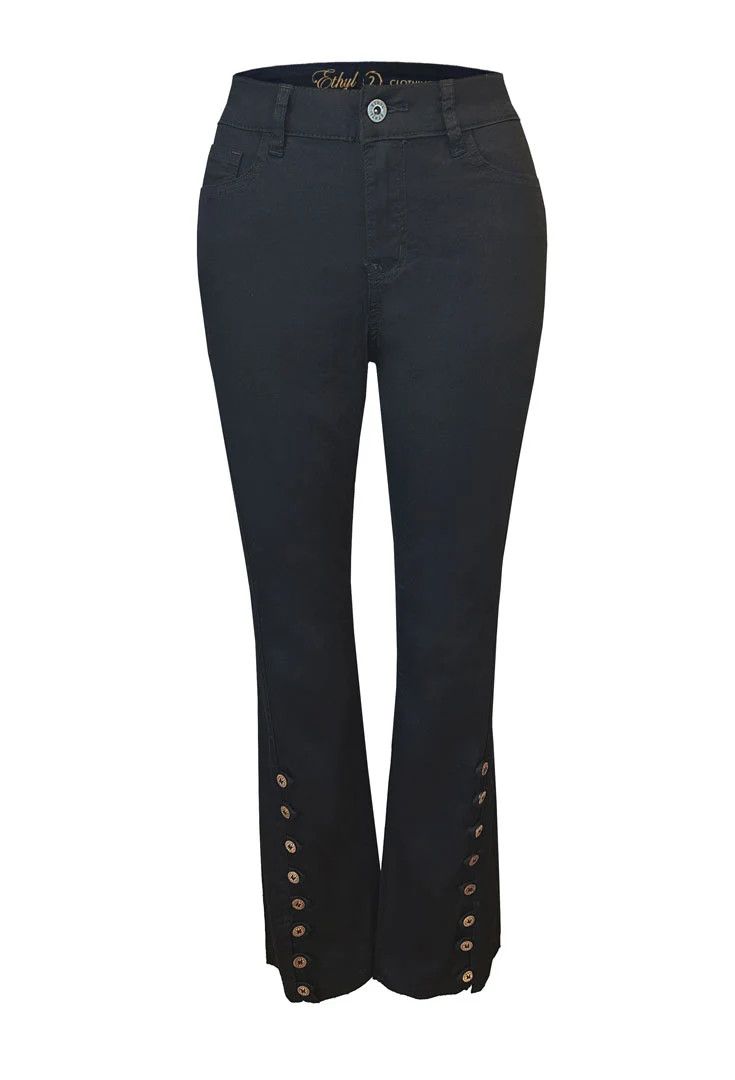 ETHYL | WOMENS BLACK DENIM FLARE JEAN W/ BUTTON LEG DETAIL