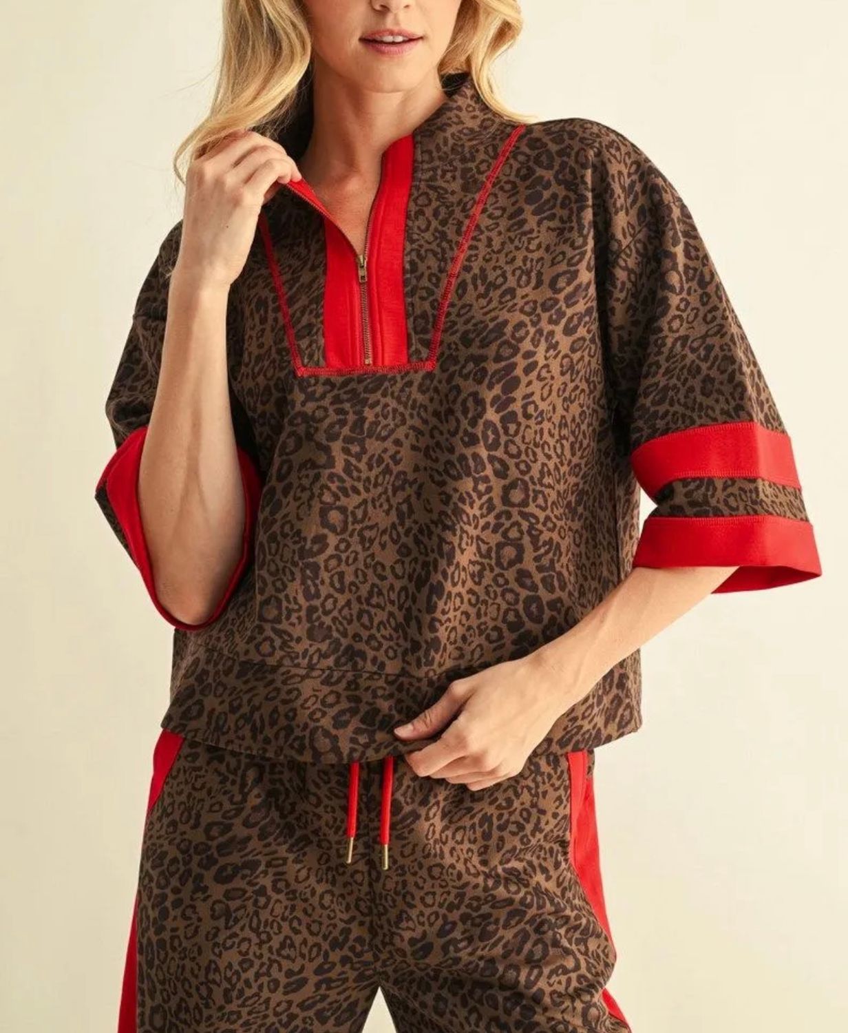 JODIFL| WOMENS LEOPARD KNIT PANT SET W/RED TRIM