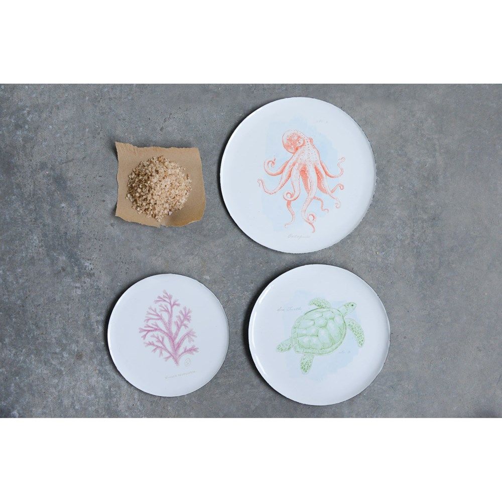 DA9234 S/3 10-1/2&quot;Round Enameled Tin Plates, Octopus,Turtle &amp; Coral