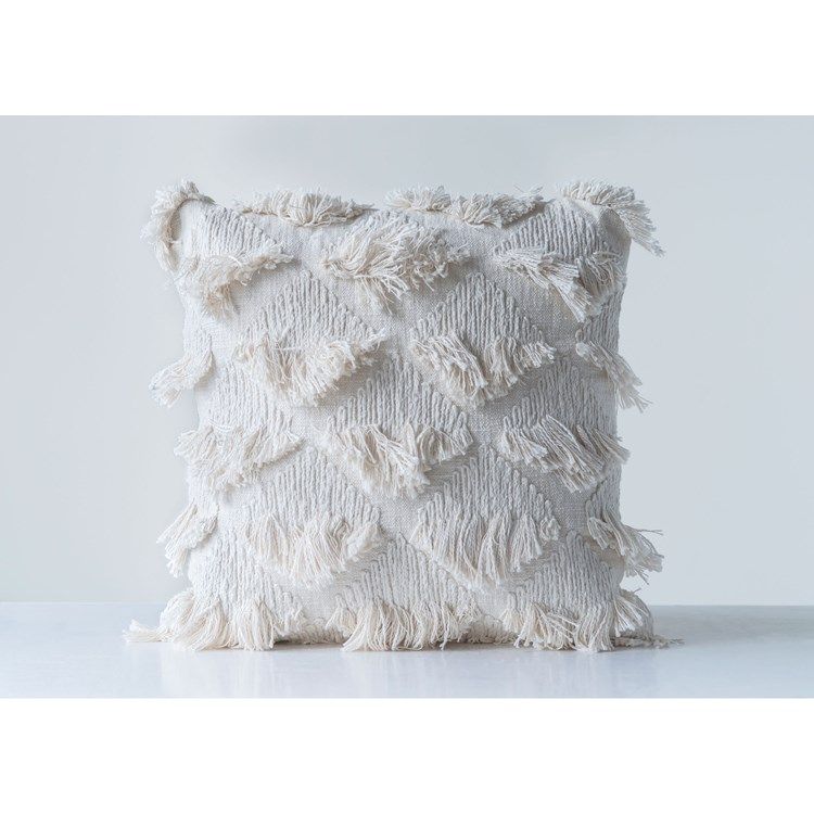DF0682 22&quot; Square Cotton Woven Pillow w/ Eyelash Fringe, Natural