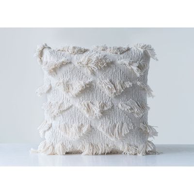 DF0682 22&quot; Square Cotton Woven Pillow w/ Eyelash Fringe, Natural