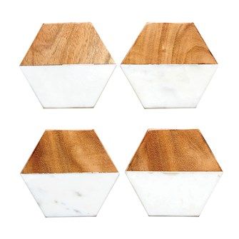 DA6336 4"L Marble &amp; Mango Wood Hexagon Coasters, Set of 4