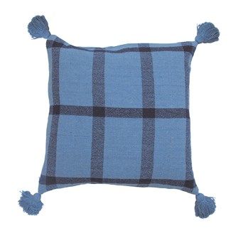 DF5158 24&quot; Square Woven Recycled Cotton Blend Pillow with Grid Pattern &amp; Tassels, Blue