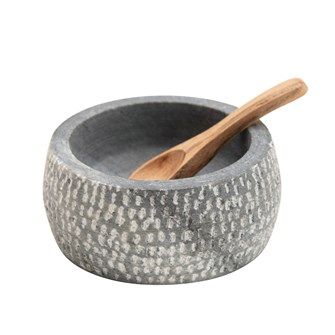 DF3654 4" Round x 1.75"H Granite Bowl with Carved Wood Spoon