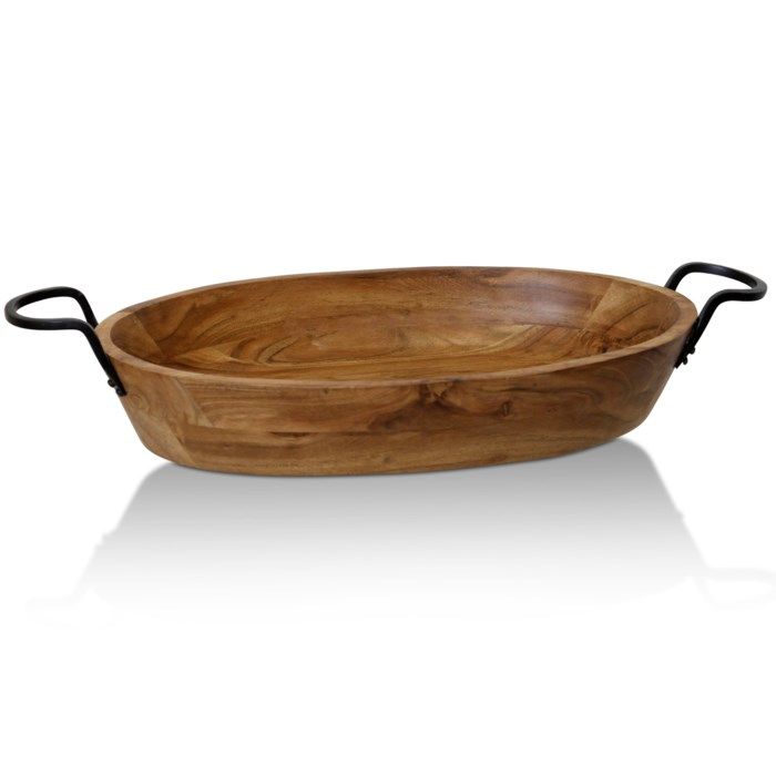 AI71123 NATURAL ACACIA WOOD &amp; IRON | Natural Wood with Iron Metal Oval Decorative Dish With Handles