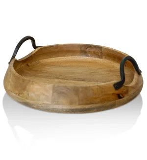 AI71121 Natural Wood with Iron Metal Round Decorative Tray | Large | 11in w X 4