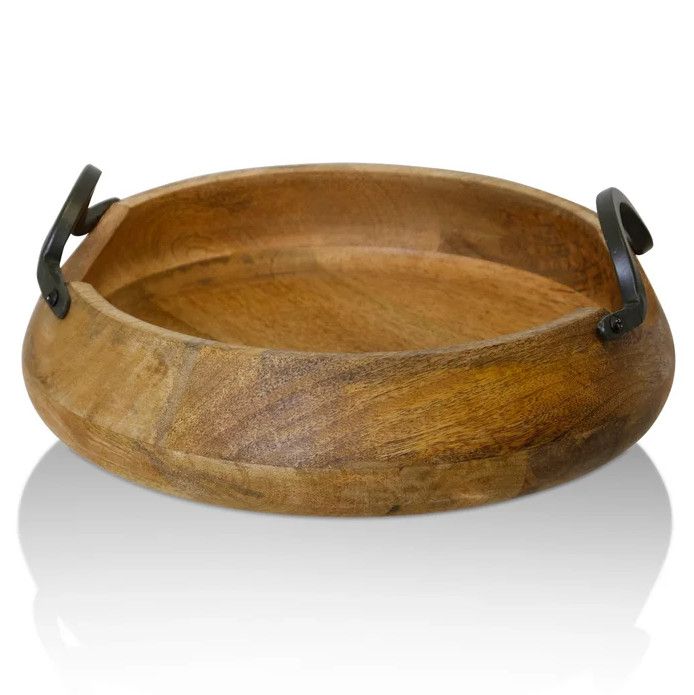 AI71122 Natural Wood with Iron Metal Round Decorative Tray | Large | 11in w X 4