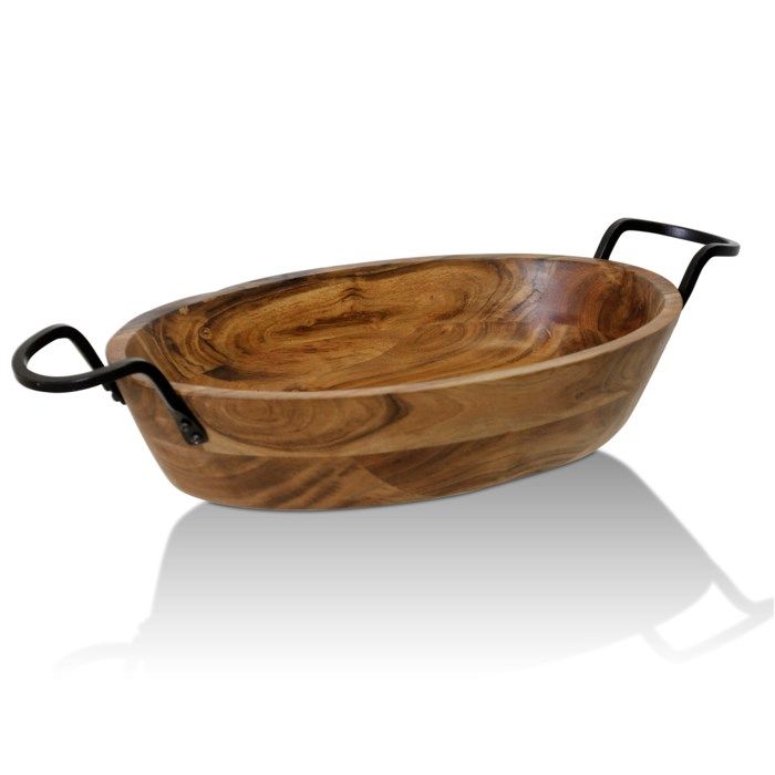 AI71124 NATURAL ACACIA WOOD &amp; IRON | Natural Wood with Iron Metal Oval Decorative Dish With Handles