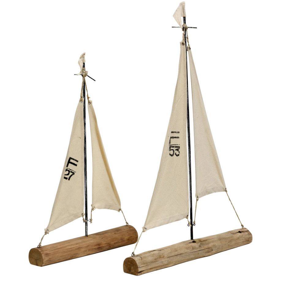 AI121312 BARNWOOD SAILORS Set of two natural wood metal and painted canvas sail boats