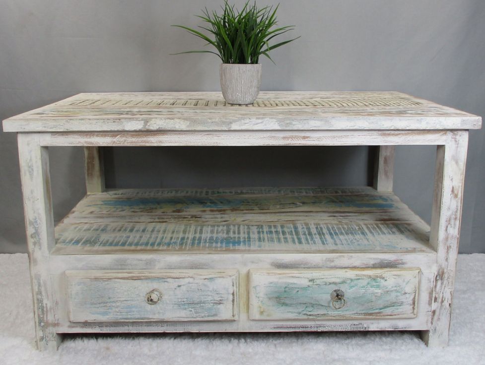 MDA-20-93C Chalk Finish Recycled Wood Coffee Table w/Shelves &amp; drawers