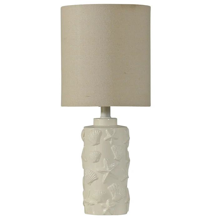 L13182 Hand carved Seashell Motif Accent Lamp in White Finish White Drum Fabric Shade