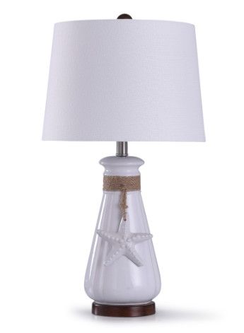 L29939 Serenity White 26&quot; Seaside Ceramic Accent Table Lamp w/ Rope Tied Starfish Pendant