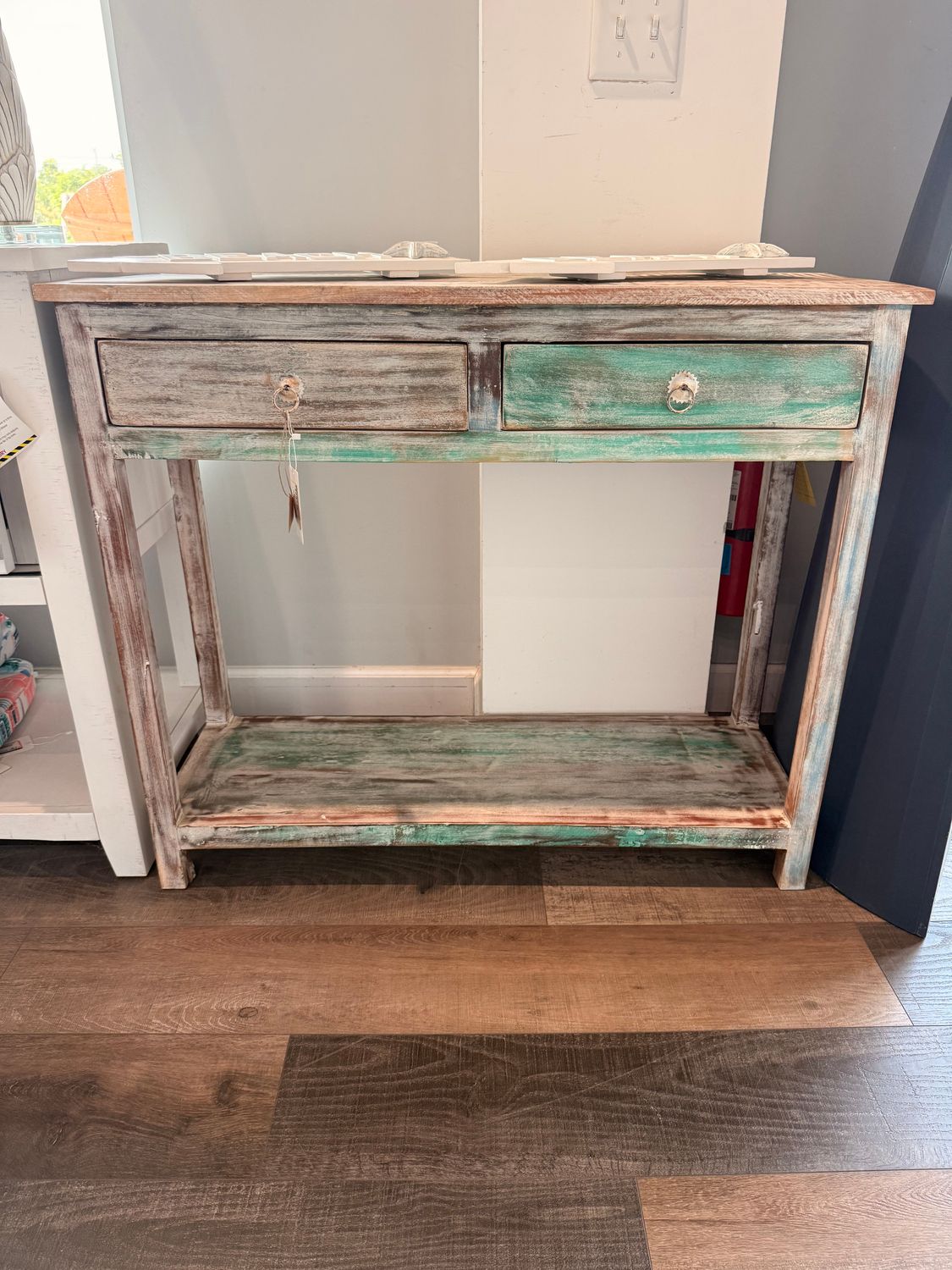 MDA-07W Indian Reclaimed Whitewash Wood Two Drawer  Console Table