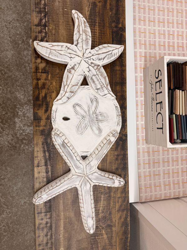 MDA-SC-55W Starfish &amp; Sanddollar Distressed White Wood Wall Decor 36" x 2" x 15"