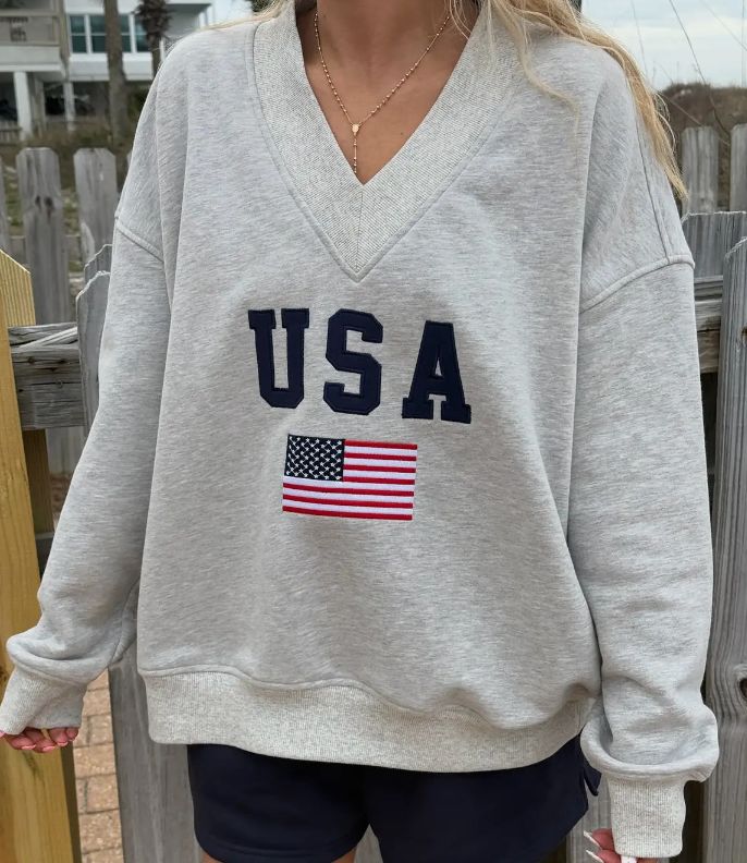 USA Flag Embroidered V-Neck Sweatshirt