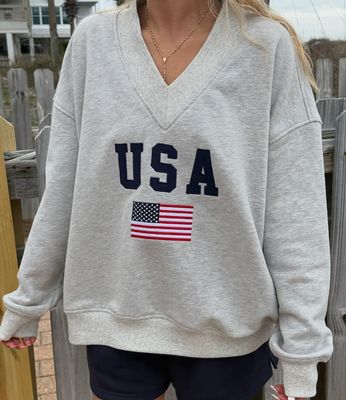 USA Flag Embroidered V-Neck Sweatshirt